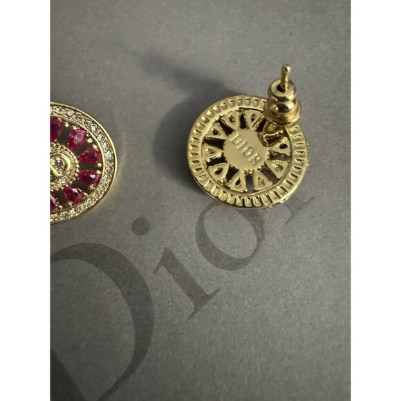Christian Dior Stamped CD Authentic Magenta Crystals Medallion Stud Earrings - Picture 2 of 16